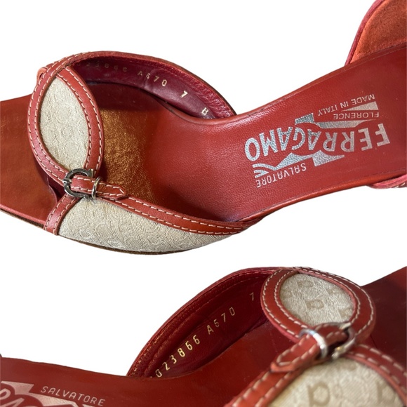 Salvatore Ferragamo Kitten Heel Open Toe Red Leather Fabric Women's Size 7 - Picture 4 of 8